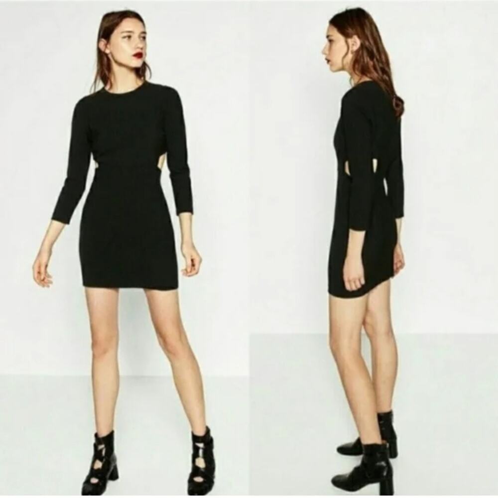 Zara cutout knit dress Sz M long bell sleeve ribbed mini stretch A41C